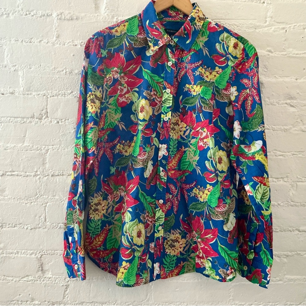 Talbots Tropical Floral Long Sleeve Button Up Shirt Blouse 100% Cotton Resort M